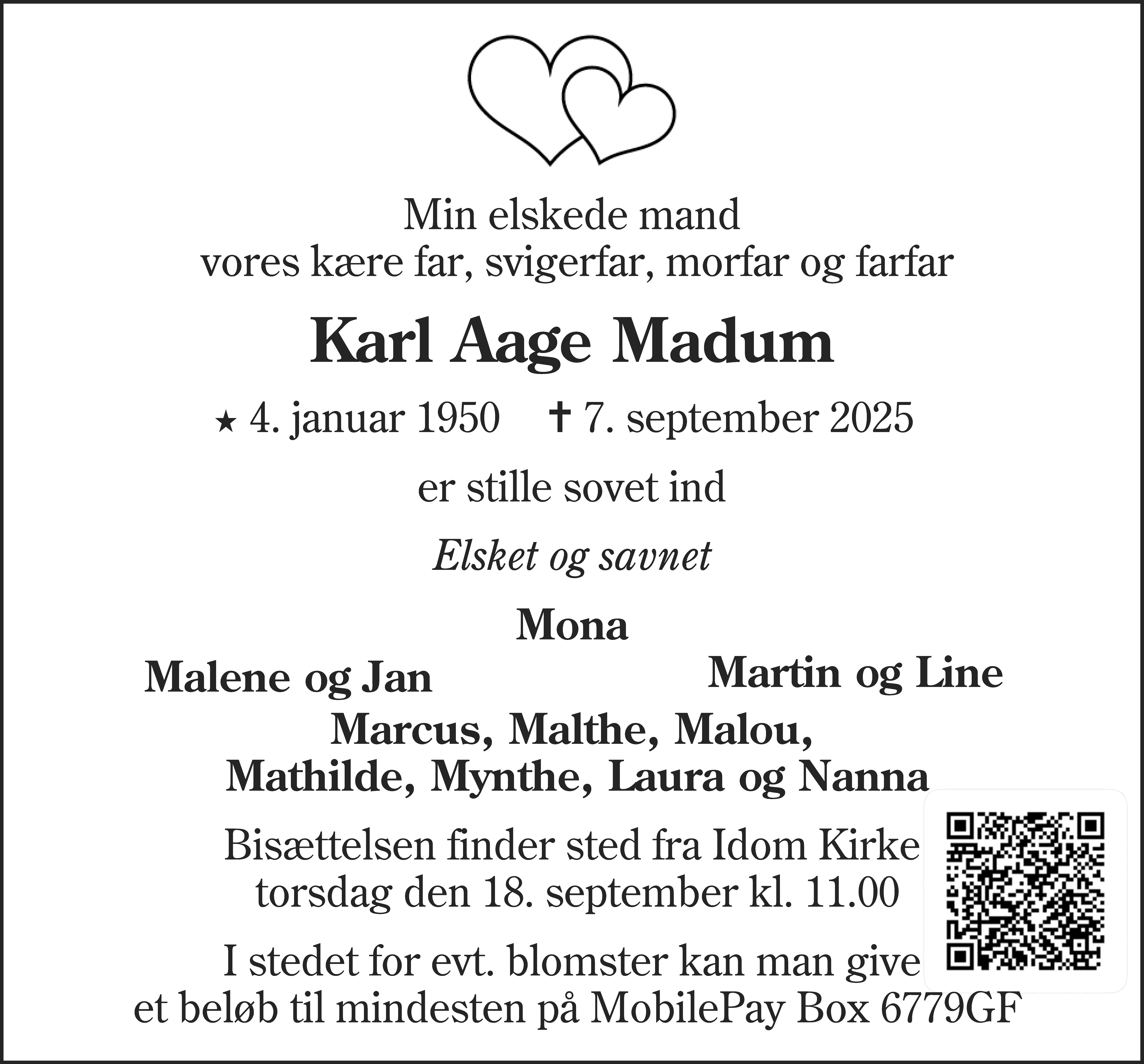 Dødsannonce for Karl Aage Nielsen Madum