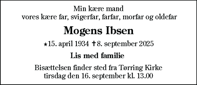 Dødsannonce for Jørgen Peter Mogens Ibsen