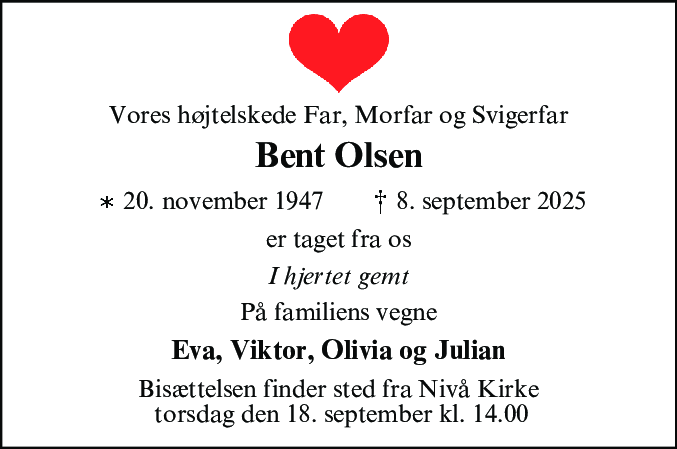 Dødsannonce for Bent Olsen
