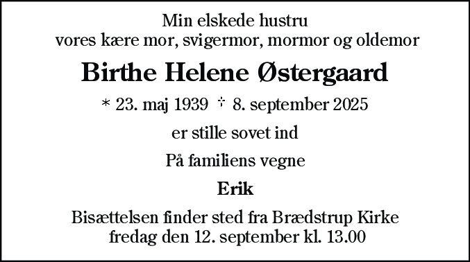 Dødsannonce for Birthe Helene Østergaard