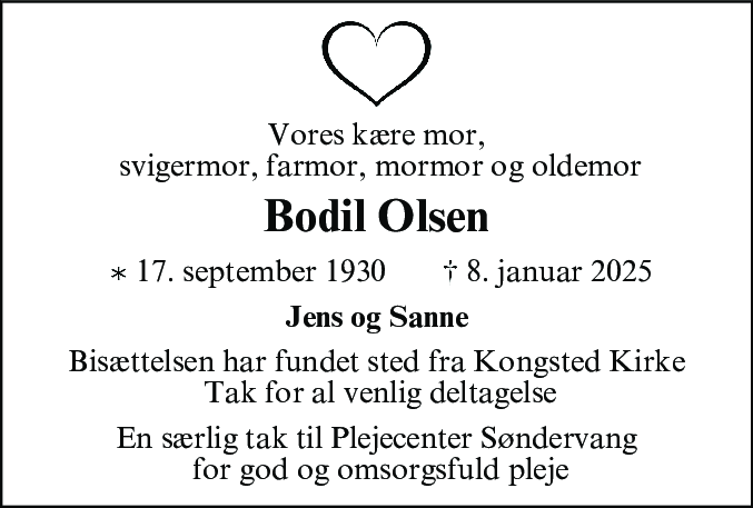 Dødsannonce for Bodil Kristine Olsen