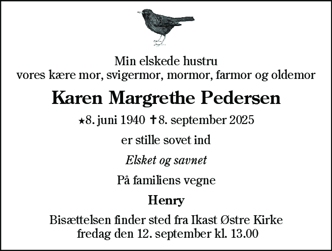 Dødsannonce for Karen Margrethe Pedersen