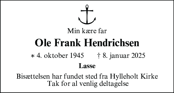 Dødsannonce for Ole Frank Hendrichsen