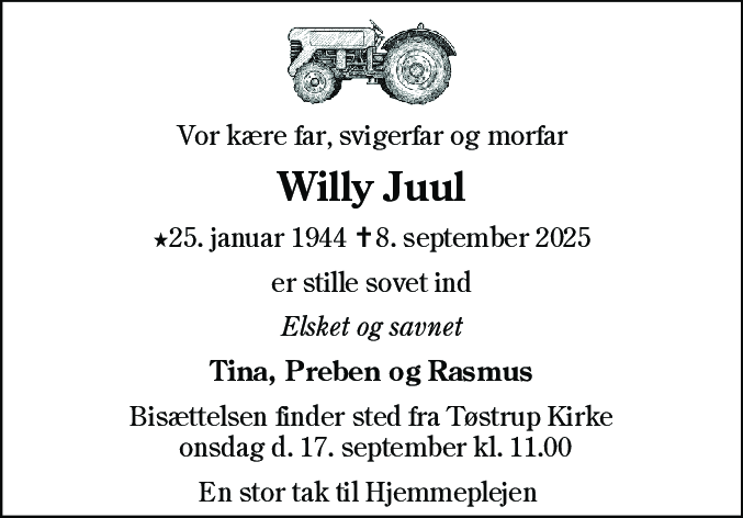 Dødsannonce for Willy Juul