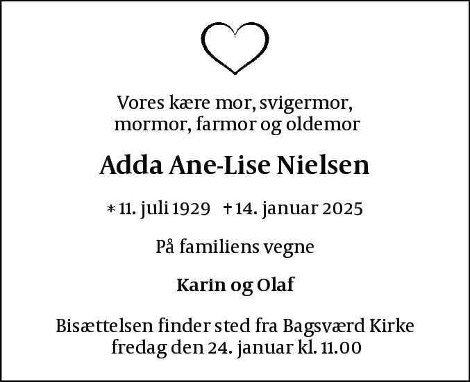 Dødsannonce for Adda Ane Lise Nielsen