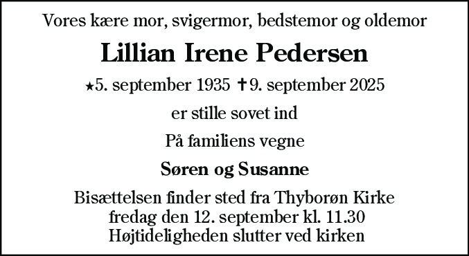 Dødsannonce for Lillian Irene Pedersen