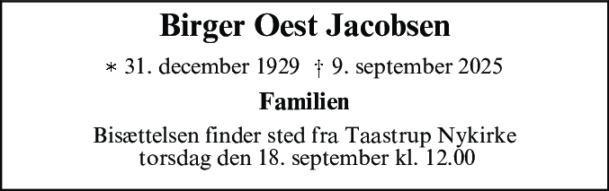 Dødsannonce for Birger Oest Jacobsen