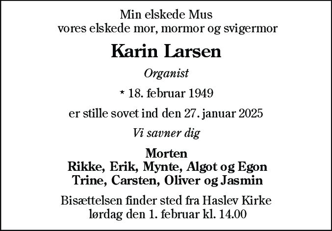 Dødsannonce for Karin Larsen