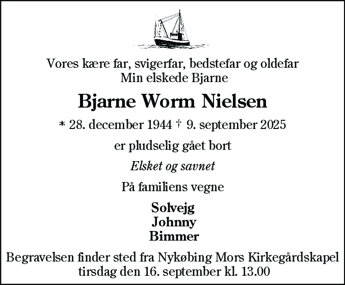 Dødsannonce for Bjarne Worm Nielsen