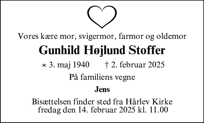 Dødsannonce for Gunhild Højlund Stoffer