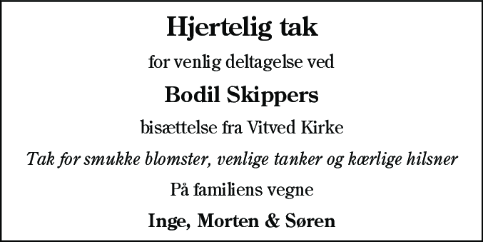 Dødsannonce for Bodil Skipper
