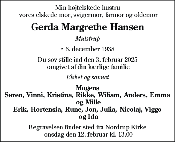 Dødsannonce for Gerda Margrethe Hansen