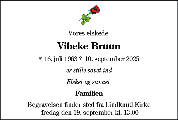 Dødsannonce for Vibeke Bruun