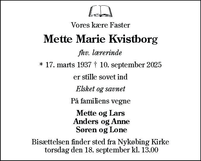 Dødsannonce for Mette Marie Kvistborg