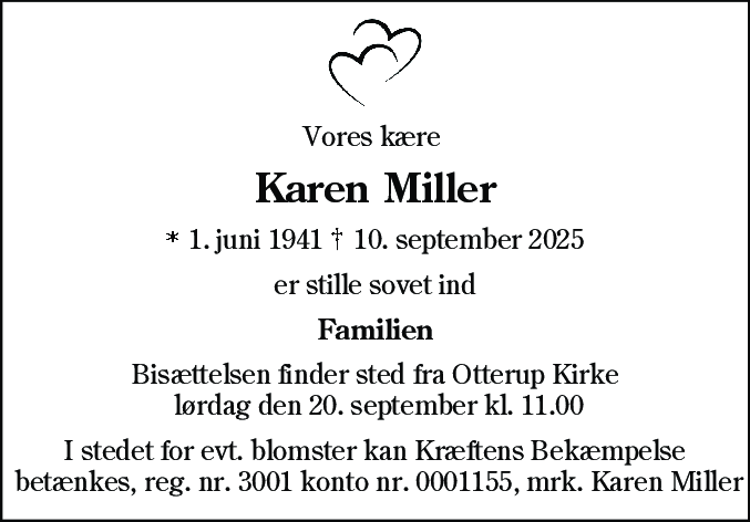 Dødsannonce for Karen Lisbeth Miller