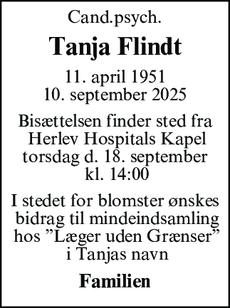Dødsannonce for Tanja Gudbjerg Flindt