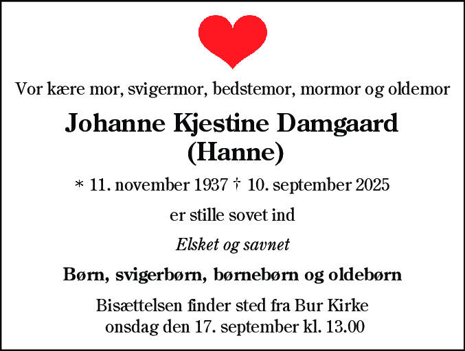 Dødsannonce for Johanne Kjestine Damgaard