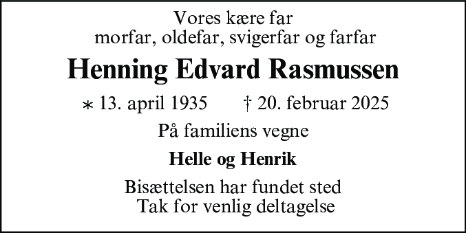 Dødsannonce for Henning Edvard Rasmussen