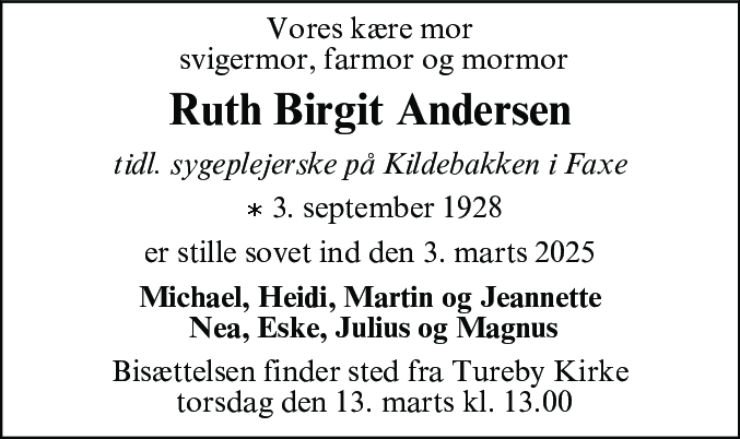 Dødsannonce for Ruth Birgit Andersen