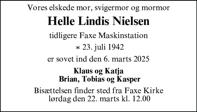 Dødsannonce for Helle Lindis Nielsen