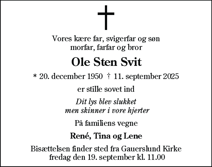 Dødsannonce for Ole Sten Svit