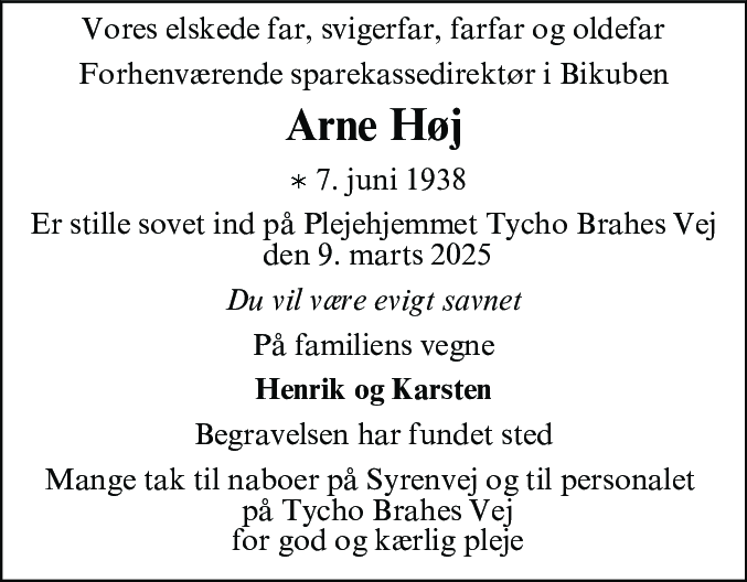 Dødsannonce for Arne Høj