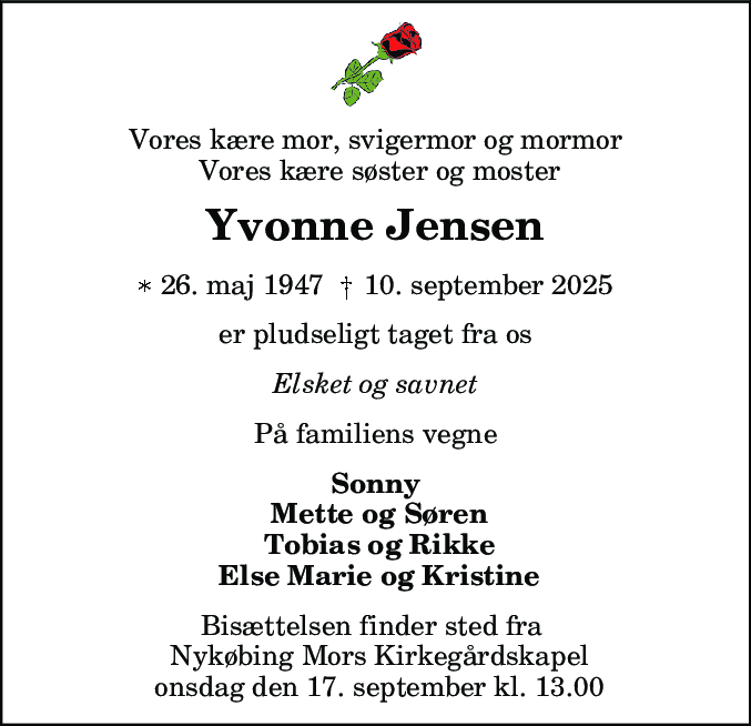 Dødsannonce for Yvonne Jensen