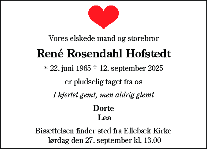 Dødsannonce for René Rosendahl Hofstedt