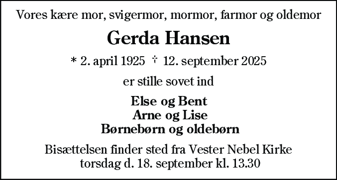 Dødsannonce for Johanne Gerda Hansen