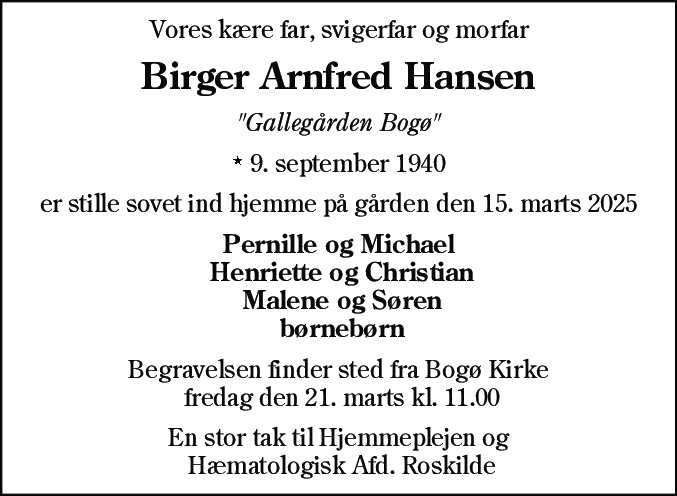 Dødsannonce for Birger Arnfred Hansen