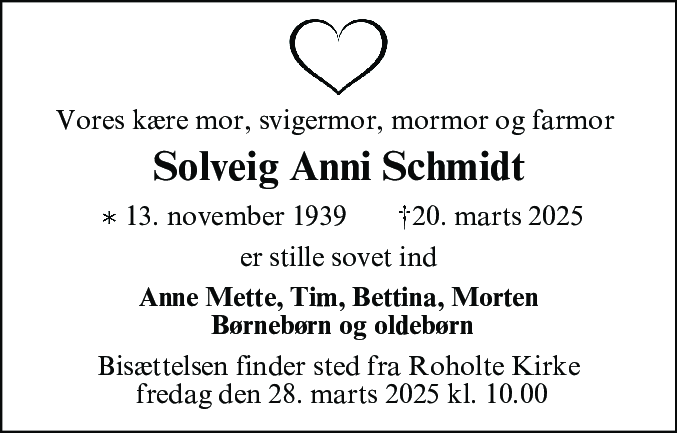 Dødsannonce for Solveig Anni Schmidt