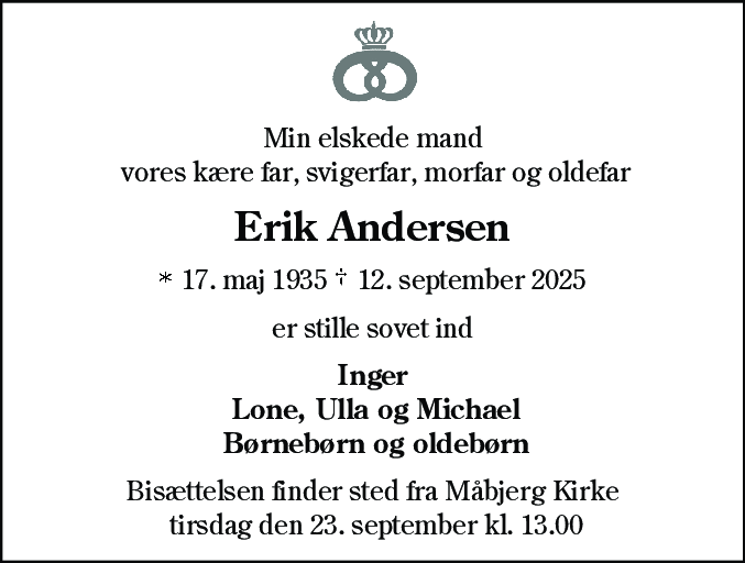 Dødsannonce for Erik Andersen