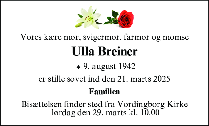 Dødsannonce for Ulla Breiner
