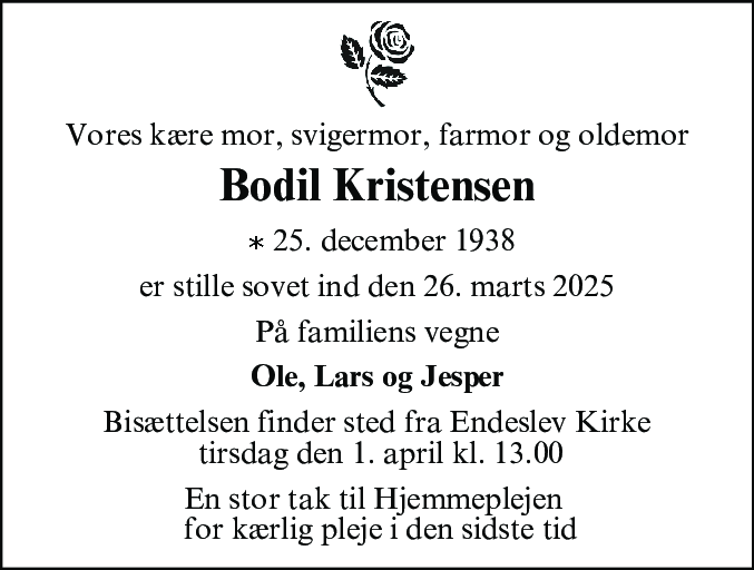 Dødsannonce for Bodil Agnethe Kristensen