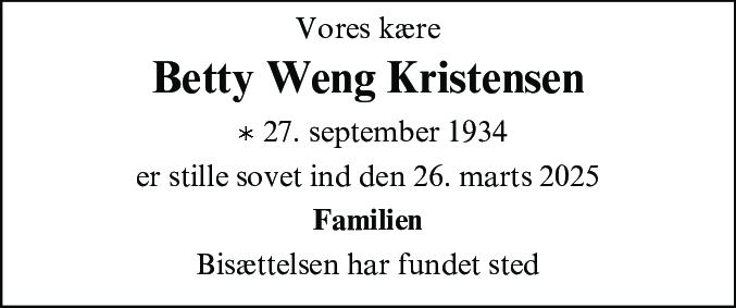 Dødsannonce for Betty Poula Weng Kristensen
