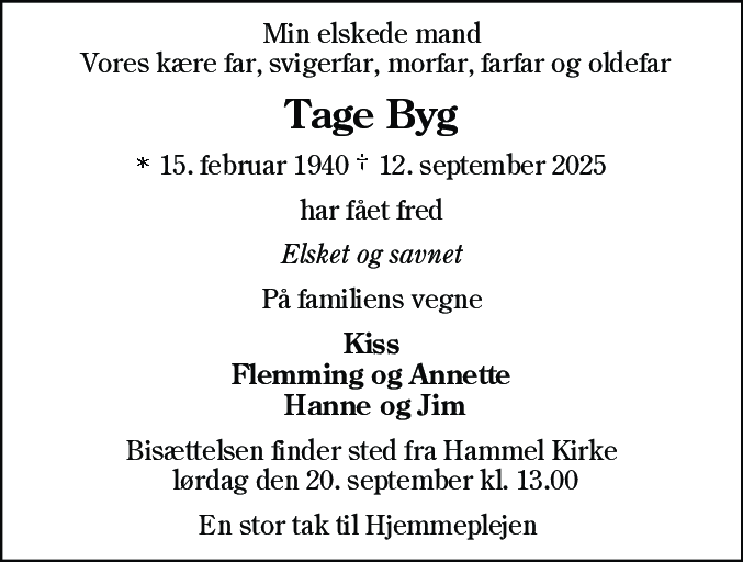 Dødsannonce for Tage Evald Byg