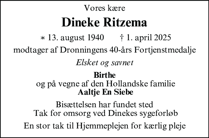 Dødsannonce for Hilledina Aaltje Ritzema
