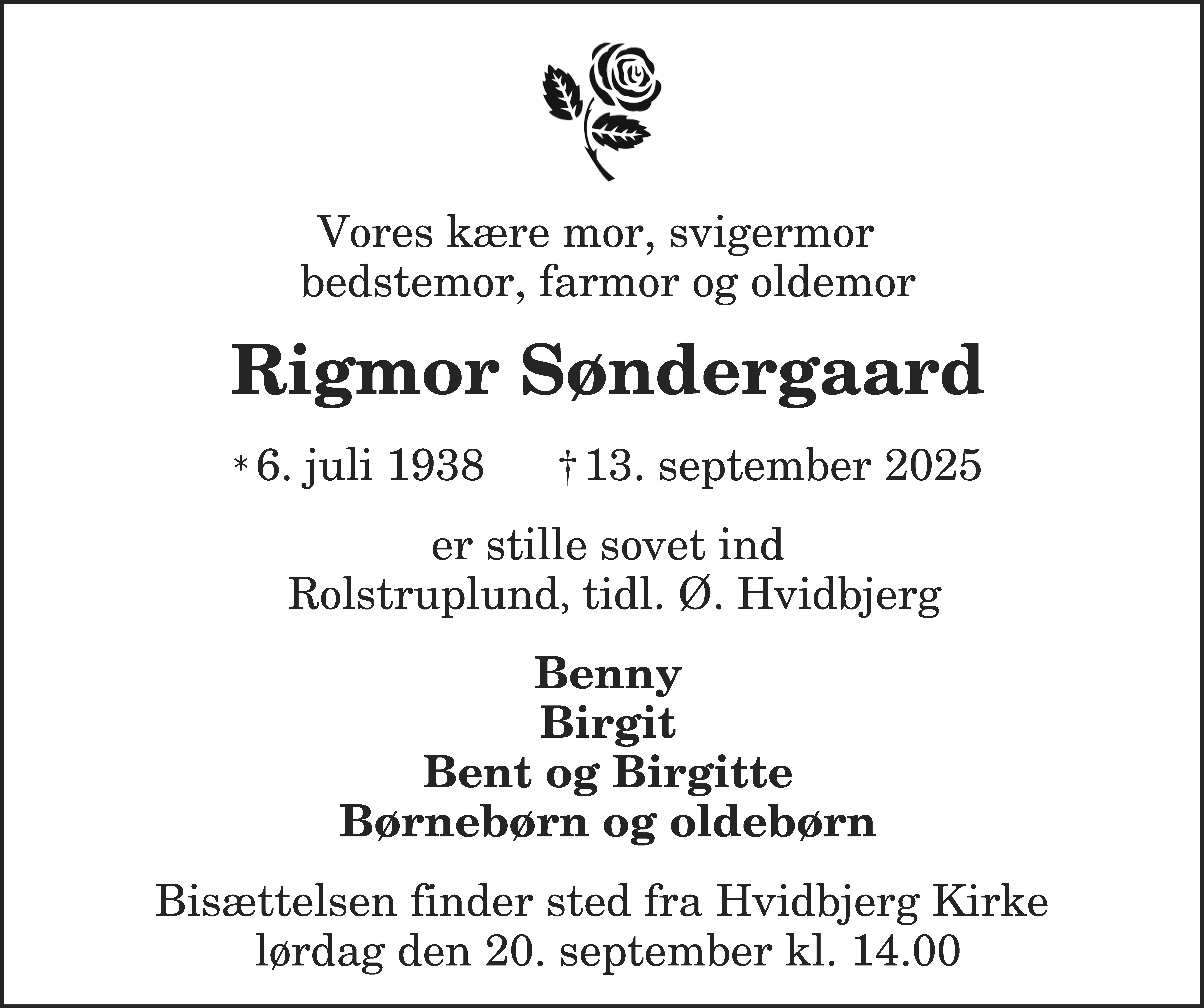 Dødsannonce for Rigmor Søndergaard