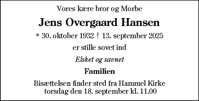 Dødsannonce for Jens Overgaard Hansen