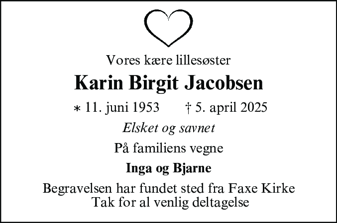 Dødsannonce for Karin Birgit Jacobsen