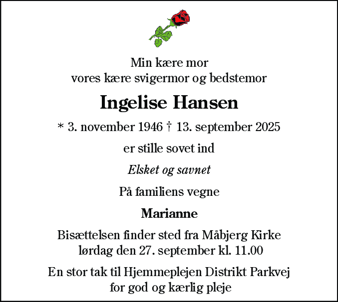 Dødsannonce for Ingelise Marie-Birgitte Hansen