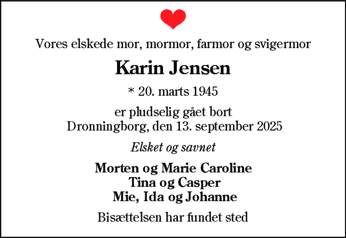 Dødsannonce for Karin Jensen
