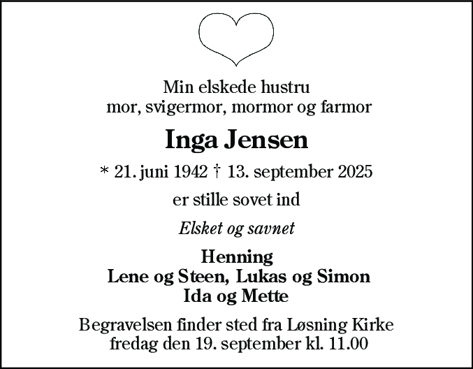 Dødsannonce for Inga Jensen