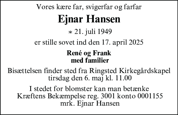 Dødsannonce for Ejner Erik Hansen