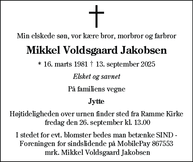 Dødsannonce for Mikkel Voldsgaard Jakobsen