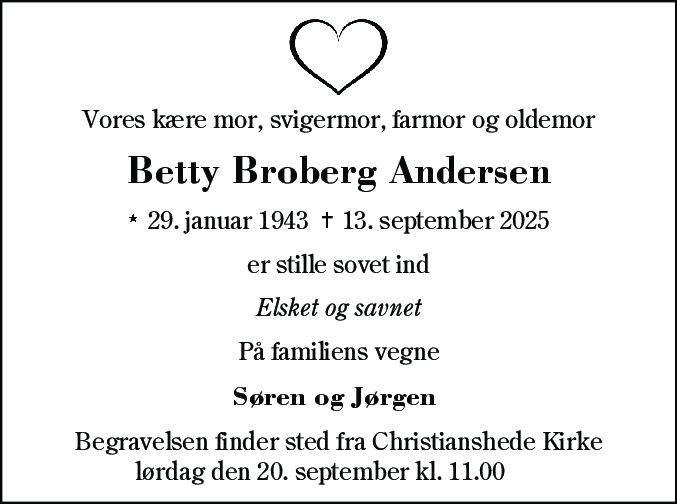 Dødsannonce for Betty Broberg Andersen