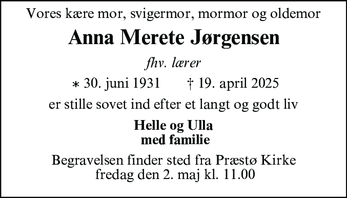 Dødsannonce for Anna Merete Jørgensen