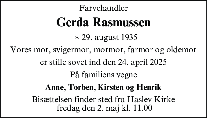 Dødsannonce for Gerda Rasmussen
