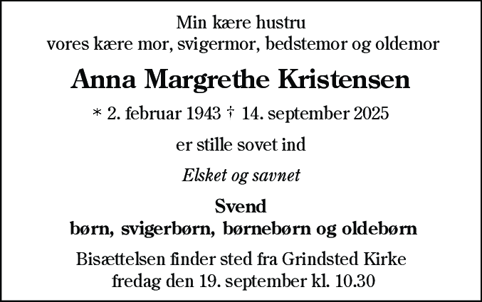 Dødsannonce for Anna Margrethe Kristensen