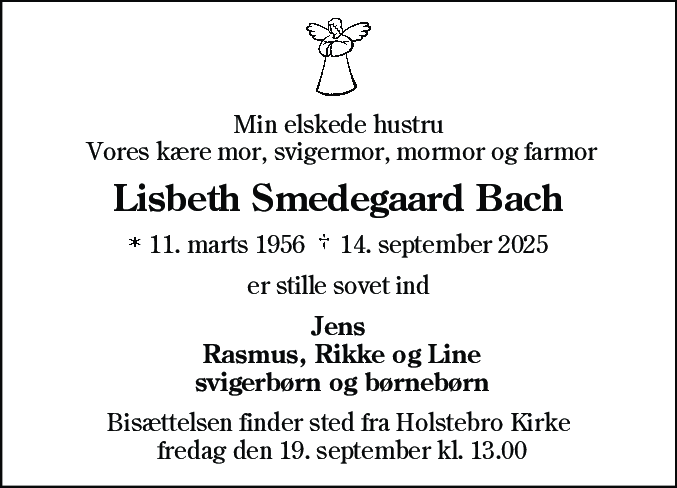 Dødsannonce for Lisbeth Smedegaard Bach